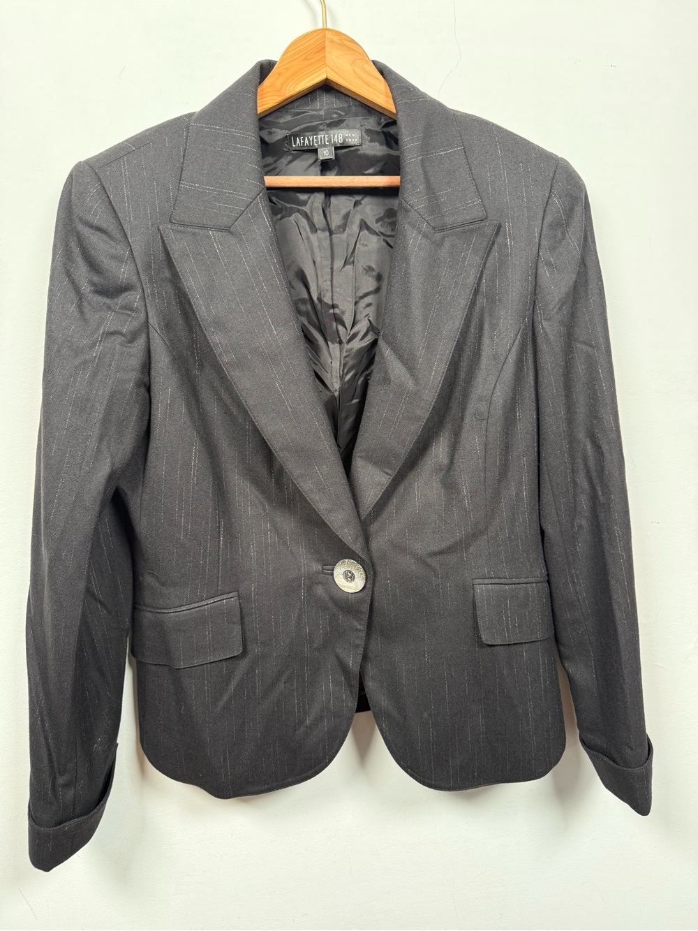 Lafayette 148 NY Dark Gray Pinstripe Wool Single Button Blazer Jacket 10